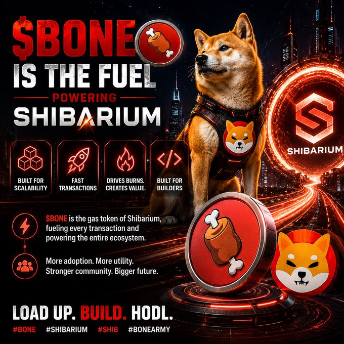 A promotional graphic featuring a Shiba Inu dog with text reading '$BONE IS THE FUEL POWERING SHIBARIUM,' highlighting features like 'BUILT FOR SCALABILITY,' 'FAST TRANSACTIONS,' and 'DRIVES BURNS. CREATES VALUE,' with hashtags #BONE, #SHIBARIUM, #SHIB, and #BONEARMY.