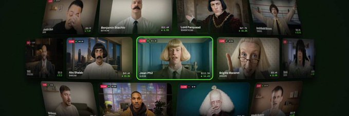 The image shows a grid of video streaming tiles featuring various AI-generated characters with names like "Justin Rim," "Benjamin Starche," "Lord Pamplead," "Isabella," "John Plank," "Angie Pluz," and "Brighit Wiseman," each displaying a ticker symbol and price. It illustrates the Streamoors concept of launching AI influencers as autonomous streamers with their own tokens, as each tile appears to function like a live broadcast with associated financial metrics.
