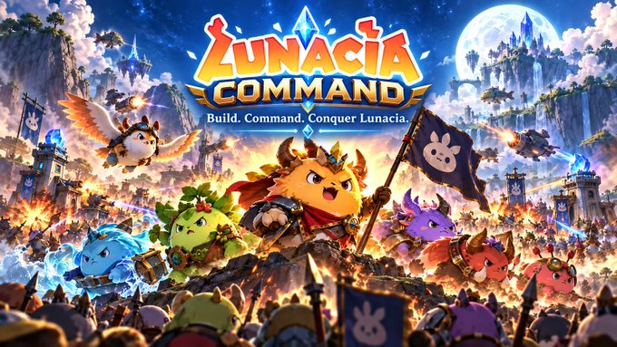 Promotional artwork for "Lunacia Command" displaying the tagline "Build. Command. Conquer Lunacia" alongside a vibrant battle scene featuring colorful Axie characters commanding armies across fantasy landscapes. The image visually represents the post's description of an RTS game where players control Axies as Commanders in base-building and multiplayer warfare.