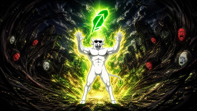 A muscular white bull with a Bitcoin-themed green logo on its back and tail stands triumphantly with arms raised amid an explosive green energy vortex, surrounded by menacing red and gray faces in a dark, stormy landscape—visually reinforcing the bullish $BULL cryptocurrency narrative tied to the post's discussion of Robinhood's existing trademark and brand recognition.