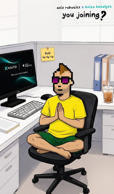 A cartoon pixel-art character in a yellow shirt meditating at an office desk with a 'Kaito x Axis Robotics' monitor, captioned 'you joining?'