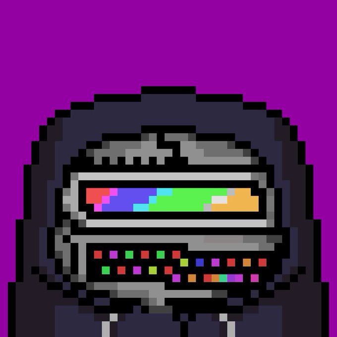 Pixel art illustration of a helmeted figure with a colorful visor on a purple background.