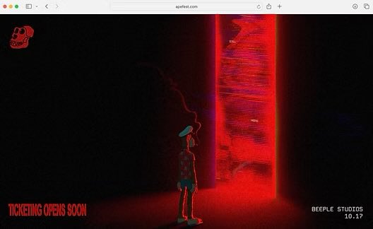 A dark, atmospheric promotional webpage for Beeple Studios featuring a red glowing portal and a figure standing before it, with text reading 'TICKETING OPENS SOON' and 'BEEPLE STUDIOS 10.17'.