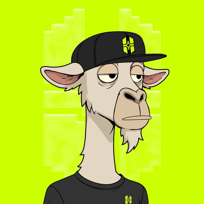 A cartoon llama character wearing a black cap with a logo, against a neon green background.