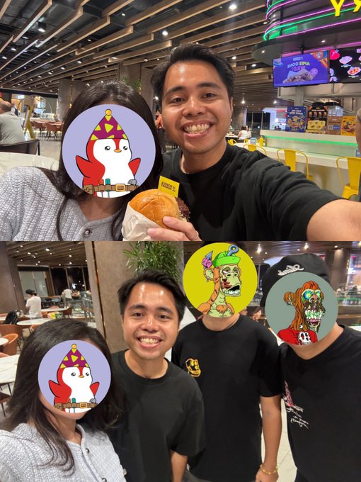 A group of friends poses for two selfies at the Bored & Hungry burger restaurant, with one person holding up a yellow "Bored & Hungry" branded burger while smiling at the camera alongside his companions whose faces are covered with Bored Ape Yacht Club NFT avatars.