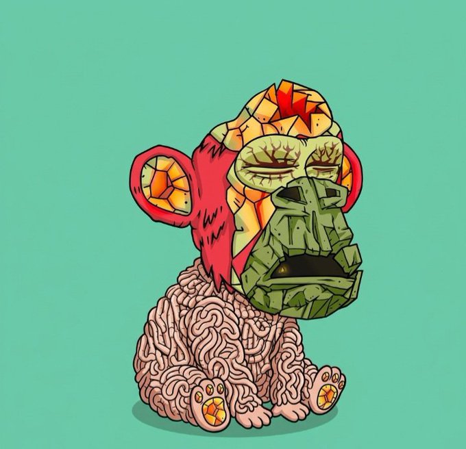 A colorful illustration features a stylized monkey-like figure with a red head, green blocky mask, and a brain-like body against a teal background.