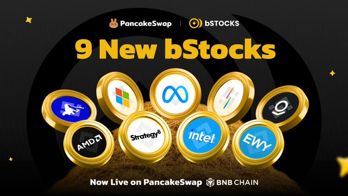 The promotional image announces "9 New bStocks" now live on PancakeSwap via BNB Chain, featuring gold coin tokens branded with the logos of Microsoft, Meta, Palantir, Strategy, Invesco QQQ (QQQ), AMD, Intel, Lumentum (LITE), and iShares MSCI (EWY) — visually representing the tokenization of these major stocks highlighted in the accompanying post.