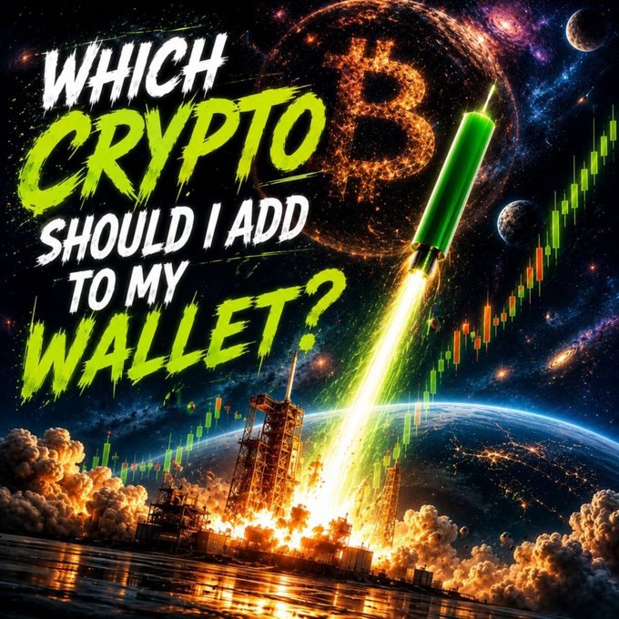 A vibrant digital illustration with the text 'WHICH CRYPTO SHOULD I ADD TO MY WALLET?' features a green rocket launching from a fiery base into space, surrounded by a Bitcoin logo, planets, and stock market candles.