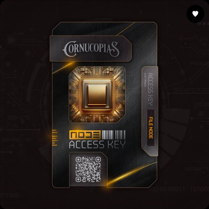 A digital design of an 'ACCESS KEY' for 'Cornucopias', resembling a tech-style card with a gold CPU graphic, a QR code, and 'FILE MODE 1' label.