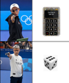 A four-panel image collage featuring a person in a red shirt and hat posing at the Olympics, a calculator, the same person holding a box, and a pair of dice.
