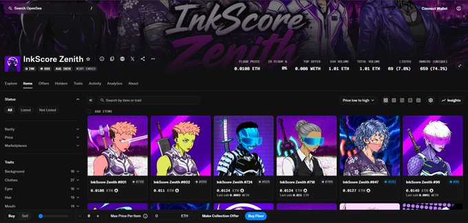 A screenshot of the InkScore Zenith NFT collection marketplace showing a floor price of 0.0180 ETH and various Zenith NFT listings with anime-style character artwork.