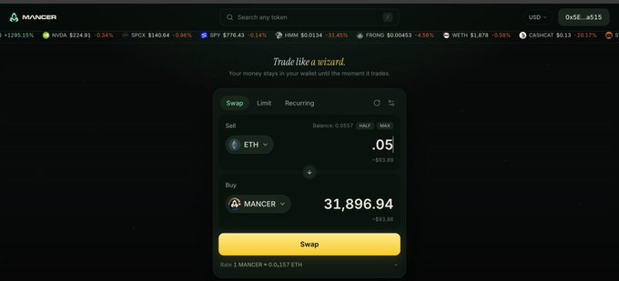 A screenshot of the Mancer DEX interface showing a token swap from 0.05 ETH to 31,896.94 Mancer, with various crypto tickers like NVDA, SPCX, SPY, HDMY, FROND, WETH, and ZADHCAT visible along the top.
