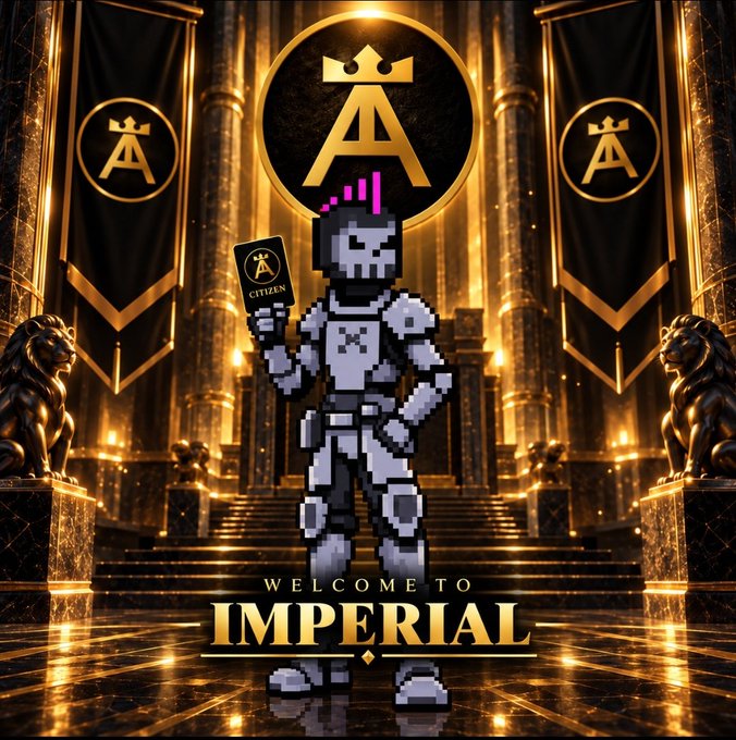 A digital illustration of a pixel-art armored figure holding an "A" (Citizen) card, standing in a golden, lion-guarded throne room with the text "WELCOME TO IMPERIAL."