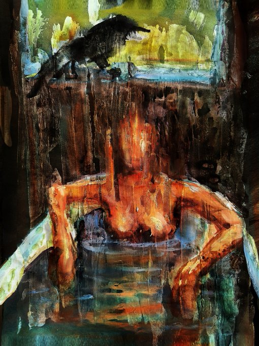 An abstract painting depicting a dark, silhouetted animal figure above a distorted human figure, accompanied by text indicating that "Another edition of 'crow came, carrying news' collected by @mrbretjolliffe" has been sold, with "Only 4 left 16 xtz" remaining.