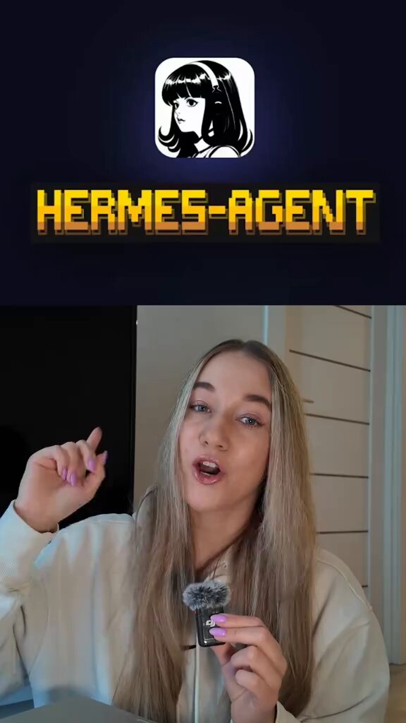 The image features a woman with blonde hair wearing a white sweatshirt, holding up an object that appears to be a microphone or a camera. The background of the image shows a blue wall with the words "Hermes Agent" written on it. There is also a text overlay in the image that reads "I built a lead generation system on Hermes Agent without writing a single line of code".