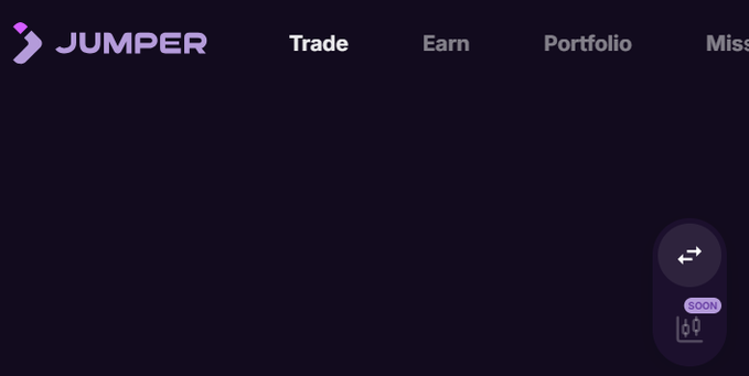 A screenshot of the Jumper cryptocurrency exchange website header, showing navigation options including Trade, Earn, and Portfolio against a dark purple background.