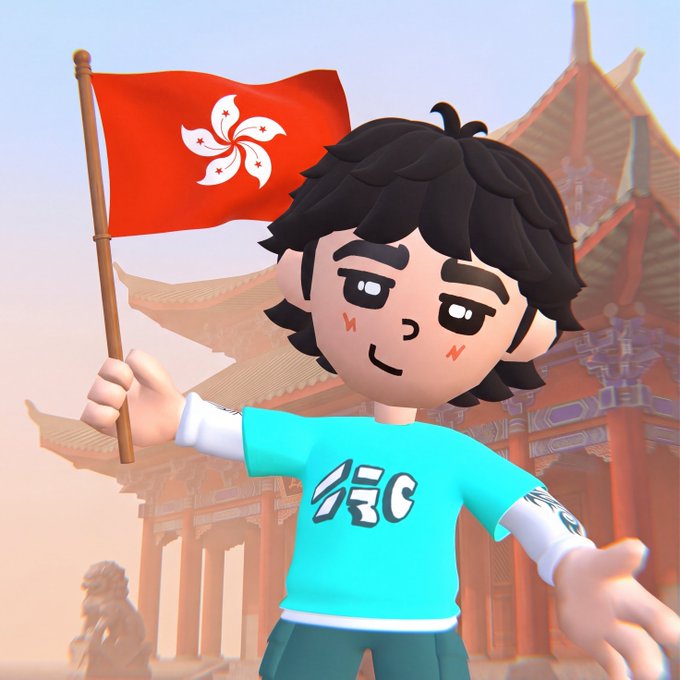 A 3D animated cartoon boy with black hair holds the red and white Hong Kong flag while wearing a teal shirt with 'FC' lettering, with a traditional Chinese temple in the background.