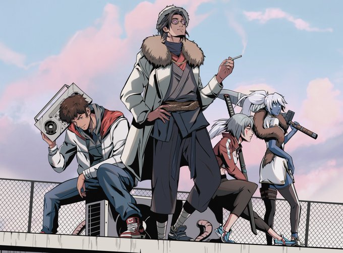 An anime-style illustration depicts four characters on a rooftop, including a man with a boombox, a man in a fur-collared coat smoking, and two others with swords.