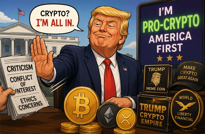 Political cartoon of Donald Trump declaring "CRYPTO? I'M ALL IN." with speech bubbles reading "I'M PRO-CRYPTO AMERICA FIRST," "CRITICISM CONFLICT OF INTEREST ETHICS CONCERNS," alongside Trump Crypto Empire meme coins and Bitcoin/Ethereum/XRP imagery.