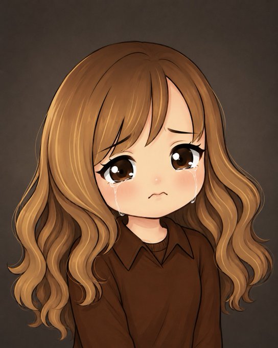 An anime-style illustration depicts a young girl with wavy brown hair crying, wearing a brown shirt against a dark background.