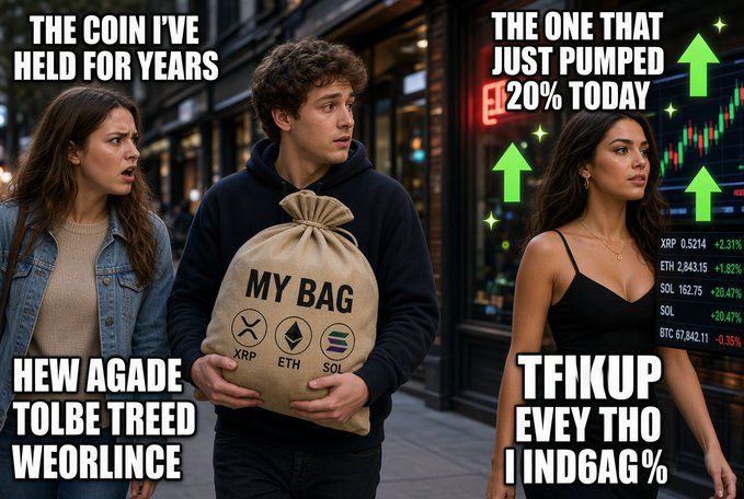A meme-style image showing a man holding a bag labeled 'MY BAG' with XRP, ETH, and SOL logos, with text comparing holding old coins versus coins that 'pumped 20% today', set against an urban backdrop with green upward arrows and a stock ticker showing crypto prices.