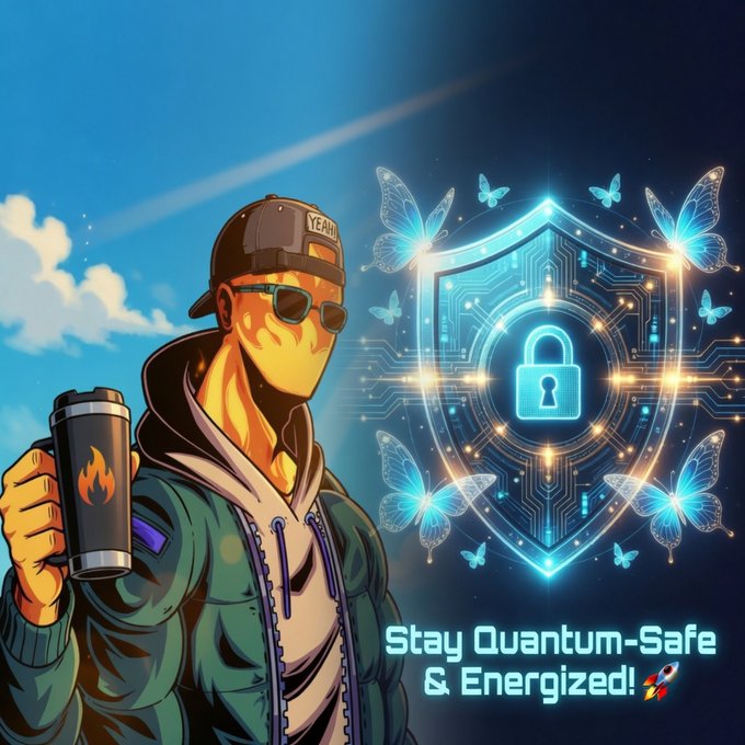 We need to write a concise 1-2 sentence caption describing what's in the image, include key text, numbers, tickers, names visible. The image includes a character holding a cup, a shield with a padlock, butterflies, text "Stay Quantum-Safe & Energized!" plus a rocket emoji. Also the cap says "YEAH!". The cup has a flame logo. The background is sky. We need to relate to the accompanying post about quantum and classical compute, blending, extending systems. So caption: "A stylized figure in a 'YEAH!' cap and sunglasses holds a flame‑logo cup beside a glowing, circuit‑board shield with a padlock, surrounded by butterflies, with the text 'Stay Quantum‑Safe & Energized!'" That's one sentence. Maybe add second sentence linking to post: "The scene visually echoes the post’s theme of extending classical compute with quantum‑safe security." Ensure concise 1-
