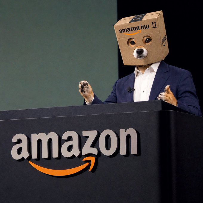 A digitally edited image showing a dog wearing a suit with an Amazon cardboard box on its head, speaking at a podium with the "amazon" logo.