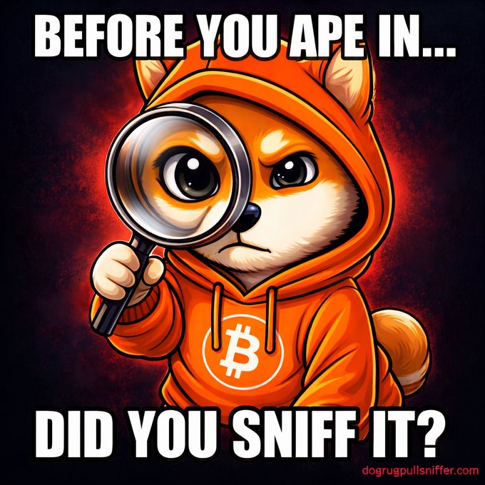 A meme illustration of an orange Shiba Inu dog in a Bitcoin hoodie holding a magnifying glass, with text reading 'BEFORE YOU APE IN... DID YOU SNIFF IT?' credited to dogrupullsniffer.com.