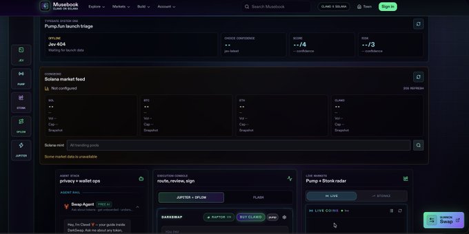 A screenshot of the Musebook platform showing a dashboard for 'Pump.fun launch triage' with scores and market data panels.