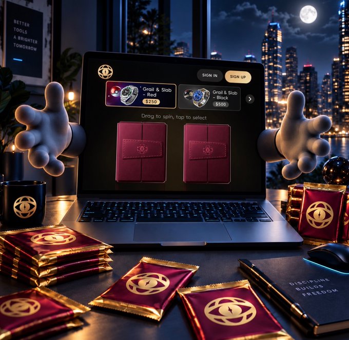 The image shows a laptop displaying a website with "Sign In" and "Sign Up" buttons, featuring "Grail & Slab - Red" ($250) and "Grail & Slab - Block" ($500) options, flanked by cartoon white-gloved hands giving hugs. Around the laptop are scattered maroon and gold card packs stamped with a circular logo, alongside a notebook labeled "DISCIPLINE BUILDS FREEDOM" and a coffee mug, all set against a nighttime city skyline with a full moon. The scene visually reinforces the post's message of community support and shared excitement, inviting "Laptop investors" to unwrap packs together.