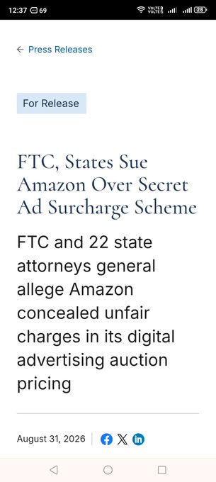 A press release article titled 'FTC, States Sue Amazon Over Secret Ad Surcharge Scheme,' dated August 31, 2026, about the FTC and 22 state attorneys general alleging unfair charges in Amazon's digital advertising auction pricing.