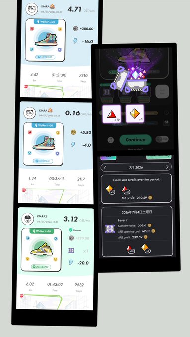 Screenshots of the STEPN fitness app displaying a 'Walker' sneaker NFT with stats including 'KMBA42' and profit/loss figures across different timeframes.