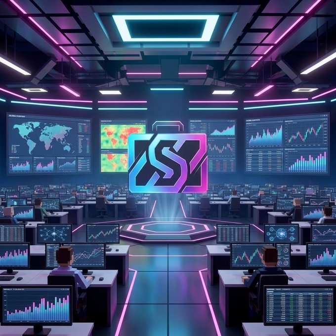 A futuristic trading floor illuminated by neon pink and blue lights features rows of analysts working at computer stations displaying charts, maps, and heatmaps, with a glowing central platform showcasing the stylized "SB" logo representing the Solana Brokers project referenced in the post.