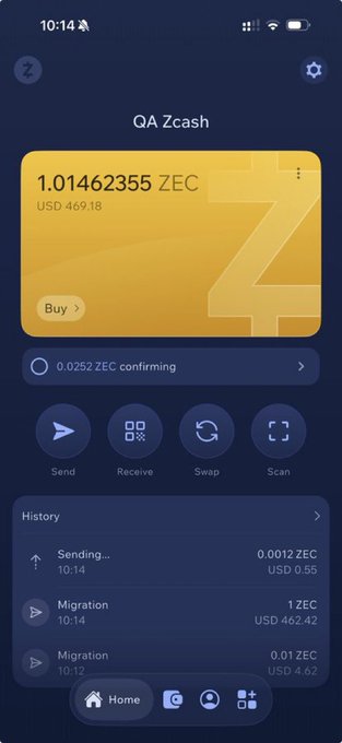 A mobile screenshot of the QA Zcash wallet app displaying a balance of 1.01462355 ZEC (USD 469.18) with options to Send, Receive, Swap, and Scan.