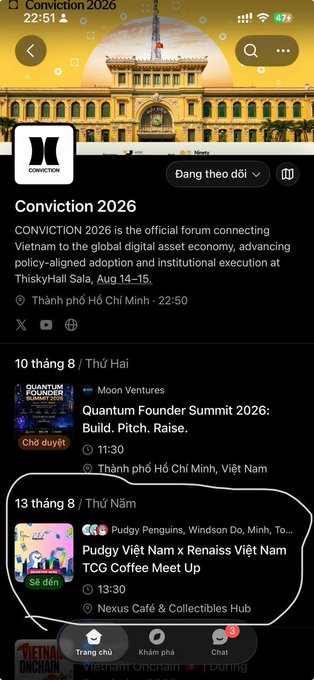 A mobile screenshot of the Conviction 2026 event page on its app, displaying the "Pudgy Việt Nam x Renaiss Việt Nam TCG Coffee Meet Up" scheduled for August 13 at 13:30 at Nexus Café & Collectibles Hub. The event listing relates directly to the post's promotion of the Pudgy Vietnam and Renaiss VN meetup in Saigon.
