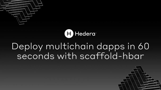 A promotional graphic with a dark gradient background displays the Hedera logo and text reading 'Deploy multichain dapps in 60 seconds with scaffold-hbar', flanked by geometric line designs in the corners.