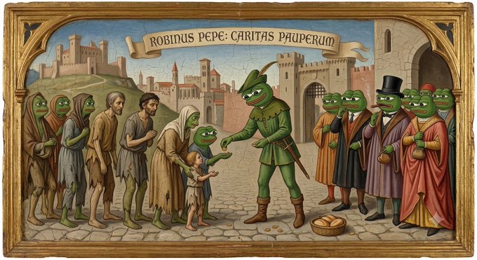 A medieval-style painting depicts green-skinned frog figures in a scene labeled "ROBINUS PEPE: CARITAS PAUPERUM," where a frog Robin Hood figure distributes bread to the poor while wealthy frogs observe, symbolizing how bold unconventional actions (like early investment conviction) can upend established systems before the masses comprehend the shift.