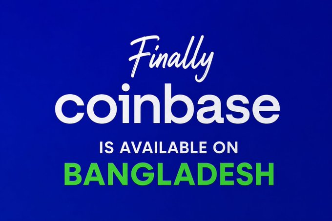 A promotional graphic with a blue background reading "Finally coinbase IS AVAILABLE ON BANGLADESH."