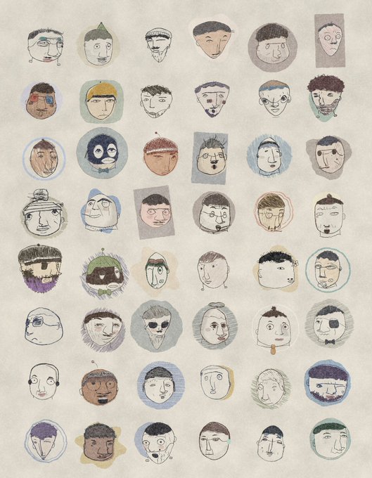 An illustration featuring a grid of 48 diverse, cartoonish drawn faces.