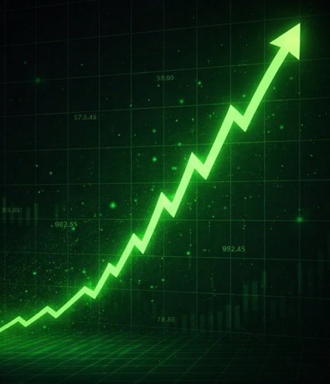 Digital graphic showing a glowing green upward-pointing arrow trending over a stock chart with various numerical values.