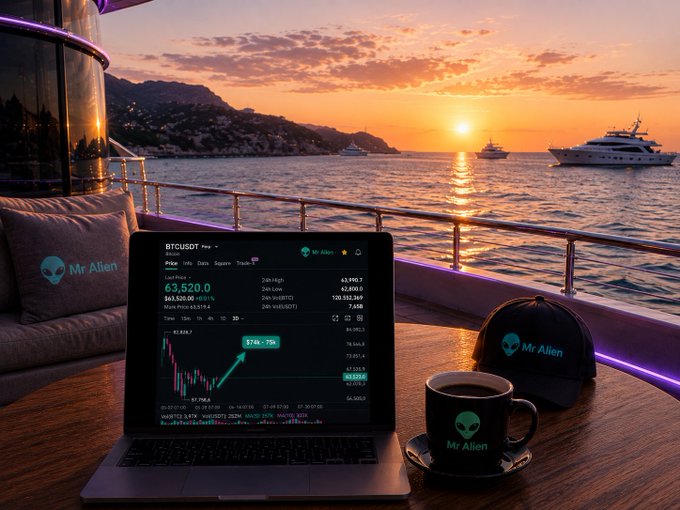 A scenic view from a boat or yacht at sunset featuring a laptop displaying cryptocurrency trading data labeled 'Mr Alien' and 'BTCUSDT' showing '63,520.0', accompanied by a branded coffee cup and cap with the same 'Mr Alien' alien logo.
