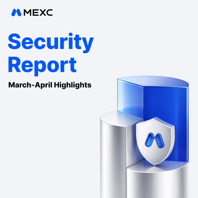 The image features a silver shield with blue text that reads "Security Report" at the top of the frame. Below this, there are two stacked blocks, one silver and one blue, positioned side by side. The background of the image is white, which contrasts with the silver and blue elements in the foreground. In the bottom right corner of the image, there's a small amount of text that reads "March-April Highlights".