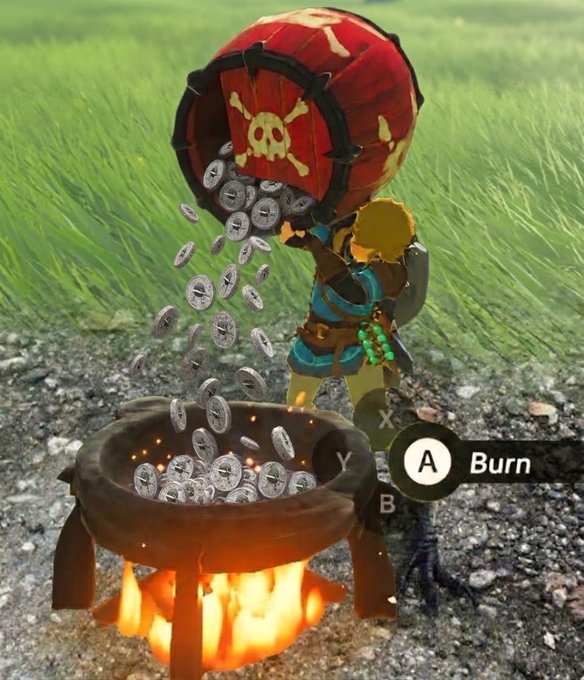 A video game screenshot shows the character Link pouring a red pirate-themed treasure chest full of silver coins into a lit cooking cauldron in a grassy field. An on-screen prompt indicates the 'A' button to 'Burn'.