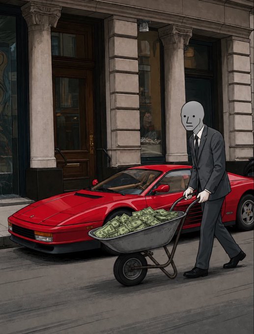 The image features a man dressed in a suit, pushing a wheelbarrow filled with money down a street. There are two cars parked nearby - one red sports car and another black car. The scene also includes a building with columns and a door on the left side of the image. A post on this image reads "How we'll be moving soon with our $NPC bags".