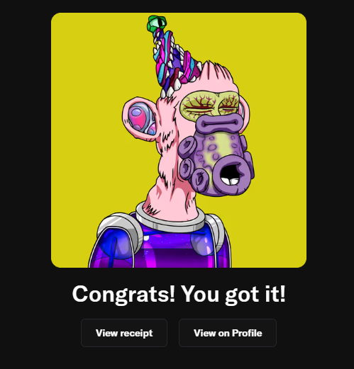 The image features a cartoon monkey wearing a party hat with a green top hat on its head. The monkey appears to be celebrating or having fun at a party, as indicated by the text "Congratulations! You got it!". The background of the image is yellow, and there are two buttons in the bottom right corner that appear to be related to viewing the monkey's profile or receiving payment for the Monkey's Party Hat.