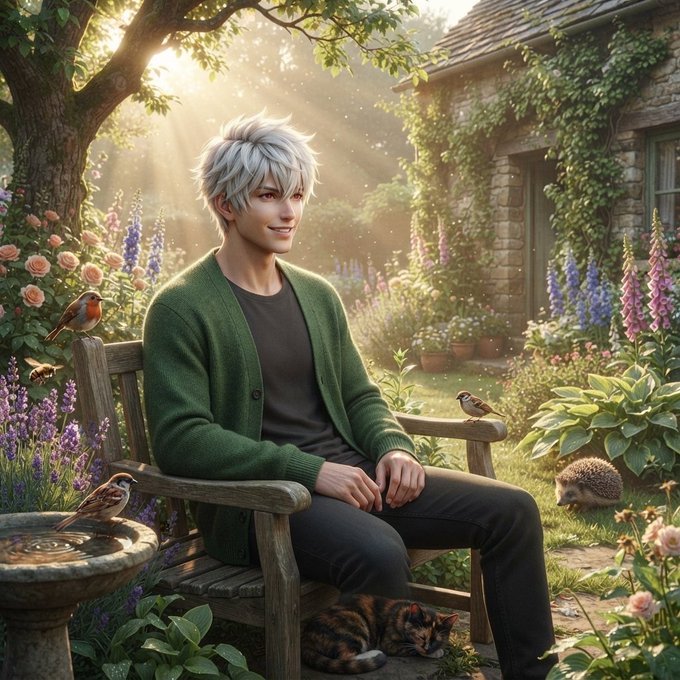 An anime-style illustration of a young man with white hair sitting on a wooden bench in a lush garden filled with flowers, accompanied by a sleeping cat, a hedgehog, and small birds, with a stone house in the background.