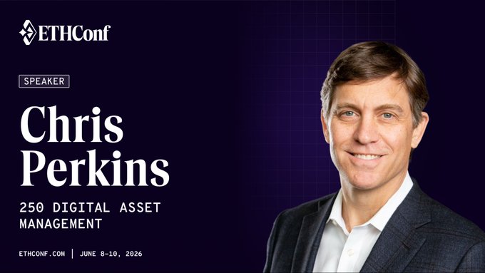 The image features a man wearing a suit, smiling for the camera while standing against a purple background. The caption below his photo reads "@ETHConf Speaker Chris Perkins 250 Digital Asset Management".