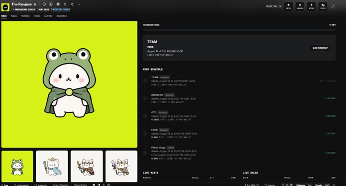 The image shows a website for "The Rangers" NFT mint page, displaying the "Mint" tab with a green character illustration in a frog costume and various NFT thumbnails for "The Rangers," "Sirens of Summer," and "Future Punks." It also features a mint schedule listing times for Team, Burners, OGs, FCFS (Free), and Public/Jaqs allocations on August 31, plus an "ELIGIBILITY CHECKER" section—matching the post about checking mint allocations before the mint opens.