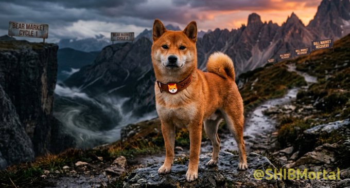 A Shiba Inu wearing a "SHIB" collar stands triumphantly on a rocky mountain path, surrounded by signs marking "Bear Market Cycle 1," "Bear Market Cycle 2," and "Bull Market Recovery," symbolizing $SHIB's resilience through multiple crypto cycles. The dramatic landscape and the dog's steadfast posture reinforce the message that $SHIB has endured and survived every market downturn.