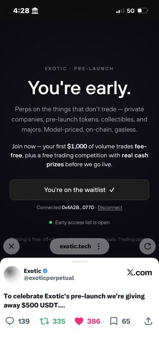 A mobile screenshot of the 'EXOTIC PRE-LAUNCH' website showing 'You're early.' and 'You're on the waitlist ✓' with a connected wallet address 0xA2B...077D, alongside a Twitter post from @exoticperpetual offering $500 USDT.